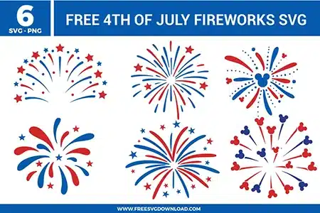 4th of July firework bursts in red, white, and blue, including unique "Hidden Mickey" firework designs and star-spangled explosions for Disney-themed patriotic celebrations.