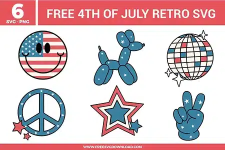 6 groovy free svg files featuring retro 4th of July designs such as a patriotic disco ball, a star-spangled balloon dog, and a vintage flag smiley face in a nostalgic teal, red, and cream color palette for unique Cricut and Silhouette projects.