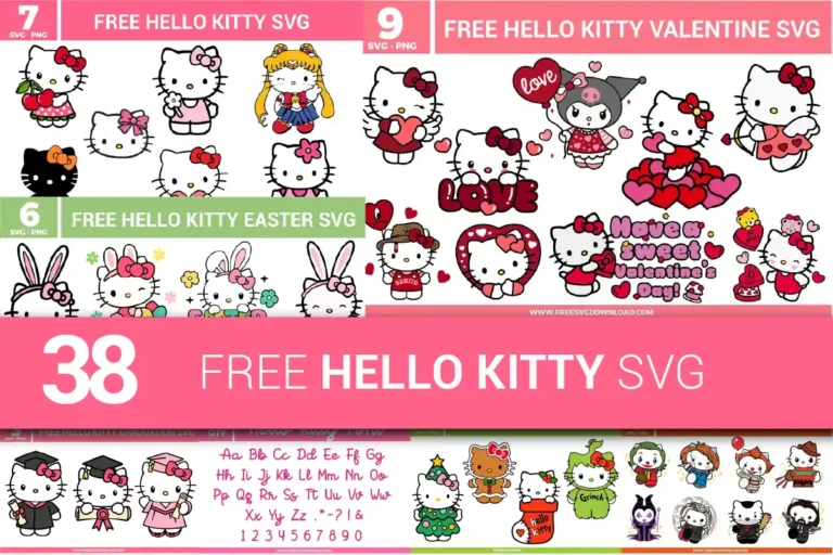 38 free Hello Kitty SVG files, featuring themed designs for Valentine’s Day, Easter, graduation, and playful character mashups like Grinch, Maleficent, and superheroes. Includes Hello Kitty font and seasonal outfits for crafting with Cricut and Silhouette.