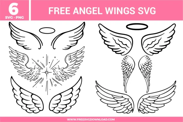 A collection of six high-quality free svg files featuring diverse angel wings and halos in a clean black line art style. The bundle includes various designs: classic feathered wings with minimalist halos, ethereal wings radiating a celestial starburst with glowing dots, and elegant curved wings with intricate feather detailing. These versatile monochrome outlines are perfect for memorial crafts or spiritual designs.
