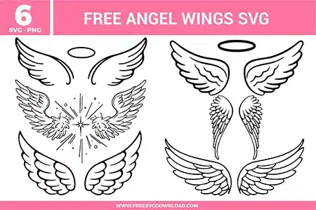 A collection of six high-quality free svg files featuring diverse angel wings and halos in a clean black line art style. The bundle includes various designs: classic feathered wings with minimalist halos, ethereal wings radiating a celestial starburst with glowing dots, and elegant curved wings with intricate feather detailing. These versatile monochrome outlines are perfect for memorial crafts or spiritual designs.