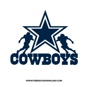 Cowboys SVG featuring two running football players flanking a large navy star with bold “COWBOYS” text below.