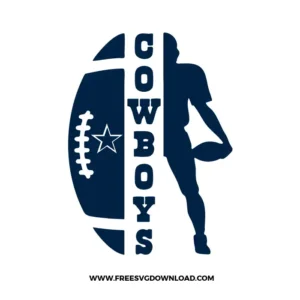 Dynamic football-themed Cowboys SVG with a half-football and half-player silhouette split by bold vertical “COWBOYS” text.