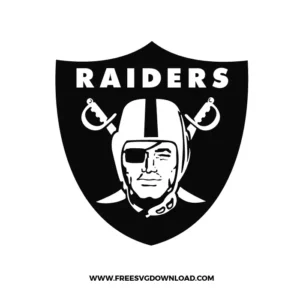 Bold black-and-white Raiders shield logo featuring a football player with an eye patch, crossed swords, and the word “RAIDERS” above his helmet.