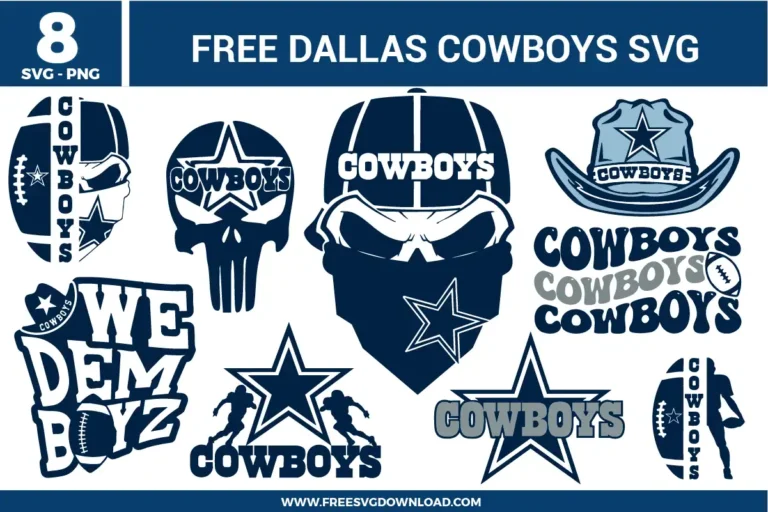 Collection of eight free Dallas Cowboys SVG designs including football graphics, skull logos, bold “We Dem Boyz” text, retro typography, cowboy hat art, and iconic star silhouettes.