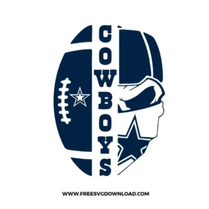 Bold navy blue Cowboys SVG design featuring a split football and helmet with a masked skull face and vertical “COWBOYS” text in the center.