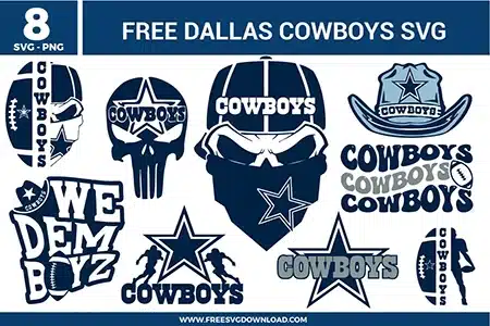 Free dallas cowboys svg files featuring an 8-pack bundle of football sports team fan graphics. The navy blue, silver, and white vector designs showcase iconic star logos, skull mascots wearing team caps, a detailed cowboy hat emblem, stylized football cutouts, and bold fan typography like "We Dem Boyz" and "Cowboys" for custom game day apparel.
