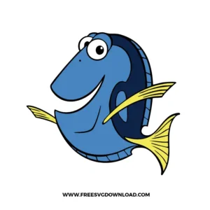 Blue tang Dory with a wide smile and animated pose.
