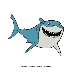 Bruce the shark with jagged sharp teeth, a big grin, light gray belly, and strong angular fins.