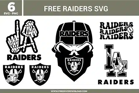Free raiders svg files presenting a 6-pack bundle of football sports team fan graphics. The black and white vector illustrations feature a skull mascot wearing a team cap and bandana, shield logos showing the iconic pirate with an eyepatch, skeleton hands forming an LA gesture, and stylized retro stacked typography with a football for custom game day gear.