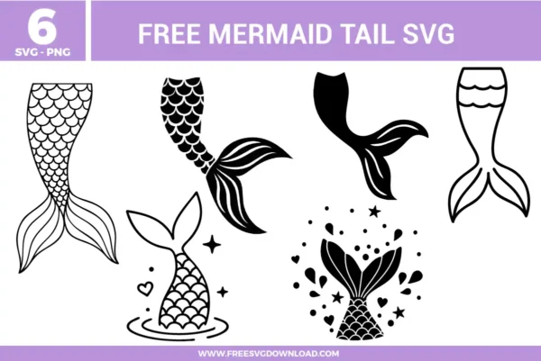 Six distinct silhouettes from the Mermaid Tail SVG bundle featuring scaled patterns and splash effects, available as free svg files for summer crafting.
