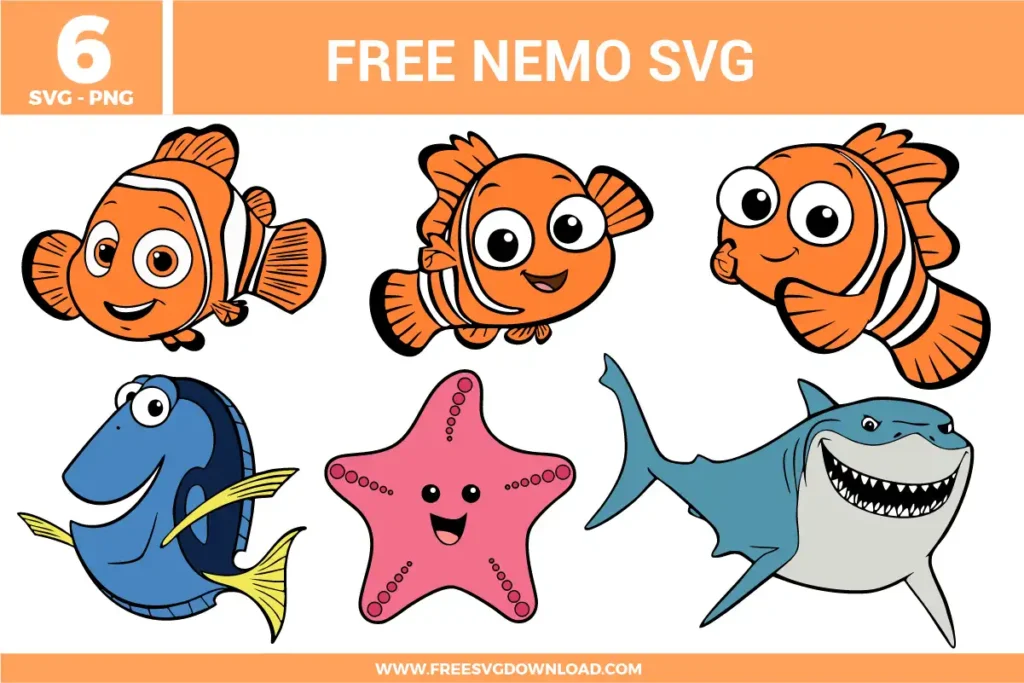 Free Nemo SVG bundle featuring cartoon clownfish designs with Nemo, Dory, starfish, and shark characters in colorful ocean theme for kids crafting and cutting projects