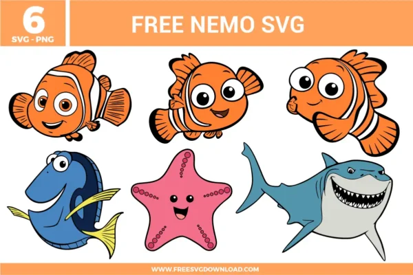 Free Nemo SVG bundle featuring cartoon clownfish designs with Nemo, Dory, starfish, and shark characters in colorful ocean theme for kids crafting and cutting projects