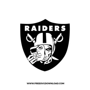 Creative Raiders SVG showing a masked football player revealing a sinister, cracked skull face beneath the original eye-patched helmeted logo.
