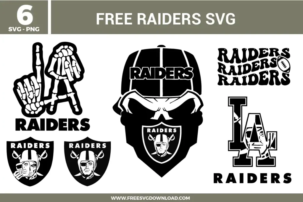 Free raiders svg files presenting a 6-pack bundle of football sports team fan graphics. The black and white vector illustrations feature a skull mascot wearing a team cap and bandana, shield logos showing the iconic pirate with an eyepatch, skeleton hands forming an LA gesture, and stylized retro stacked typography with a football for custom game day gear.