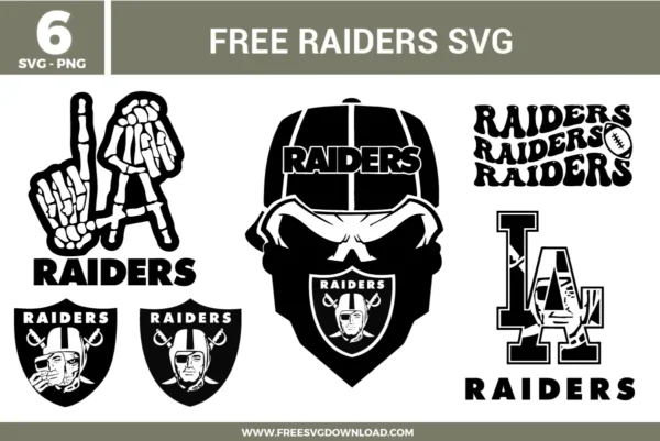 Collage of six free Raiders SVG designs featuring variations of the iconic Raiders logo, including a skeleton hand LA version, masked skull with cap, retro text layout, LA overlay design, and two classic shield logos.
