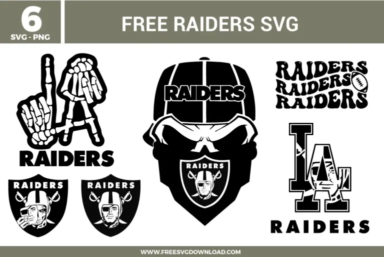 Collage of six free Raiders SVG designs featuring variations of the iconic Raiders logo, including a skeleton hand LA version, masked skull with cap, retro text layout, LA overlay design, and two classic shield logos.