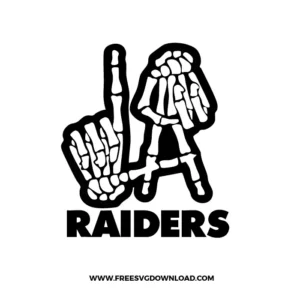 Fun LA Raiders SVG featuring skeleton hands forming “LA” with one finger pointing up, paired with bold “RAIDERS” text underneath.