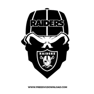 Stylized Raiders SVG design of a masked skull wearing a snapback hat, bandana with classic Raiders logo, and bold lettering across the top.