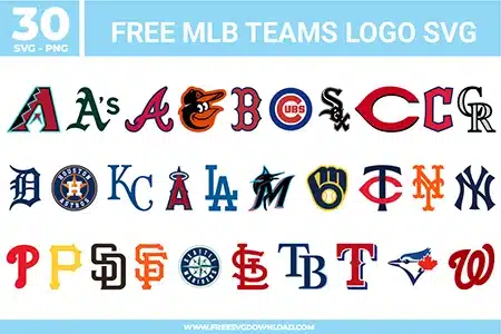 A graphic sheet featuring thirty professional baseball team logos organized in three horizontal rows as free svg files. The vector bundle showcases distinct typography styles, including interlocking monogram lettering, gothic initials, and circular emblems. Specific designs display sharp color contrasts such as navy blue, crimson red, bright orange, deep green, teal, and brown. Distinct visual elements include a black gothic letter D, an orange cartoon bird profile, a yellow catcher glove icon housing a white baseball, a navy compass roundel, and a blue jay vector with a red maple leaf.