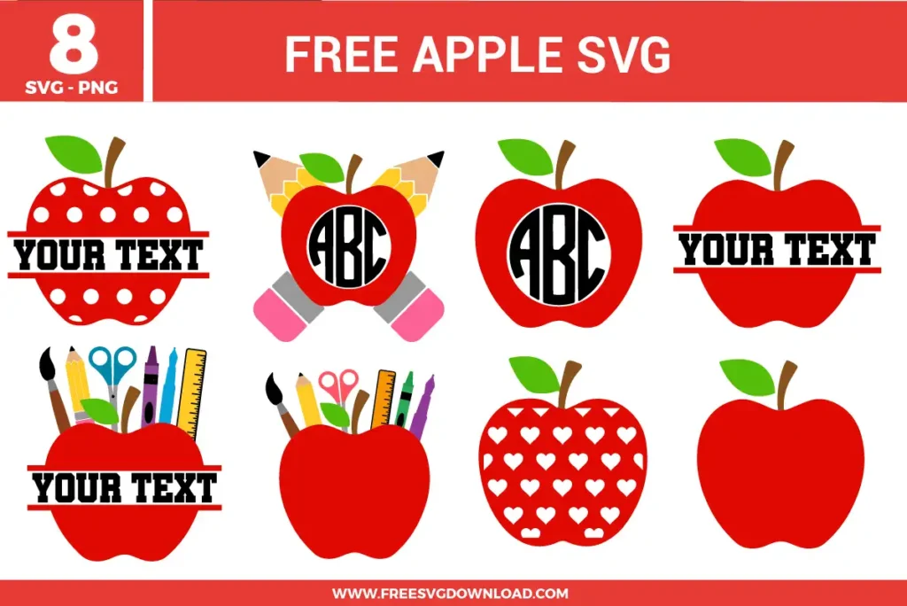 A set of 8 free svg files featuring red apple designs tailored for education themes. The collection includes apples with polka dots, heart patterns, school supplies like pencils and rulers, and several split-frame styles with "Your Text" placeholders in bold red, green, and yellow colors.