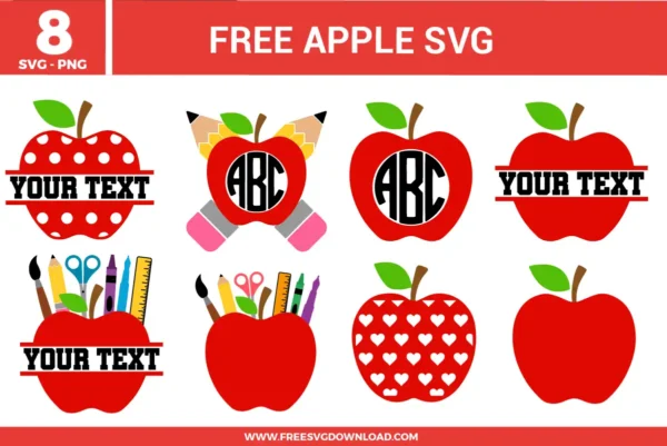 A set of 8 free svg files featuring red apple designs tailored for education themes. The collection includes apples with polka dots, heart patterns, school supplies like pencils and rulers, and several split-frame styles with "Your Text" placeholders in bold red, green, and yellow colors.