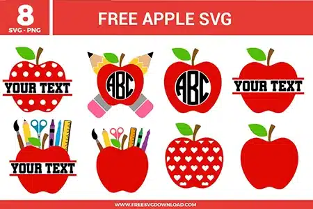 A set of 8 free svg files featuring red apple designs tailored for education themes. The collection includes apples with polka dots, heart patterns, school supplies like pencils and rulers, and several split-frame styles with "Your Text" placeholders in bold red, green, and yellow colors.