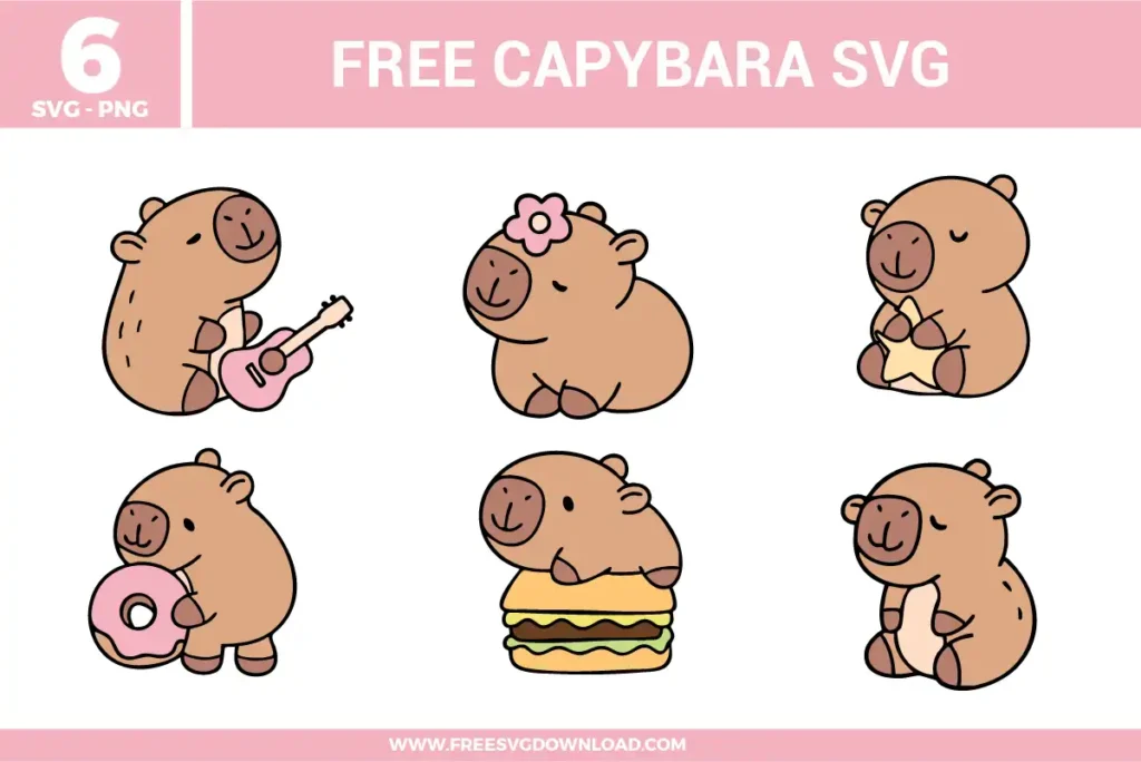 A bundle of 6 free svg files for capybara designs featuring cute, cartoon-style illustrations of the world's largest rodent. The collection includes a capybara playing a pink guitar, one with a pink flower on its head, a capybara holding a star, one eating a pink donut, another perched on a hamburger, and a simple sitting pose. These designs use a soft brown and tan color palette with pastel pink and yellow accents, offering high-quality free svg files for whimsical and trendy animal crafts.