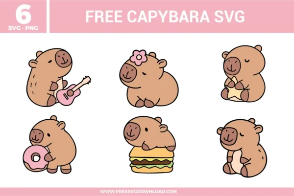 A bundle of 6 free svg files for capybara designs featuring cute, cartoon-style illustrations of the world's largest rodent. The collection includes a capybara playing a pink guitar, one with a pink flower on its head, a capybara holding a star, one eating a pink donut, another perched on a hamburger, and a simple sitting pose. These designs use a soft brown and tan color palette with pastel pink and yellow accents, offering high-quality free svg files for whimsical and trendy animal crafts.