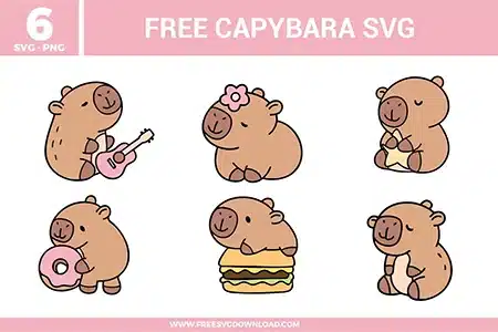 A bundle of 6 free svg files for capybara designs featuring cute, cartoon-style illustrations of the world's largest rodent. The collection includes a capybara playing a pink guitar, one with a pink flower on its head, a capybara holding a star, one eating a pink donut, another perched on a hamburger, and a simple sitting pose. These designs use a soft brown and tan color palette with pastel pink and yellow accents, offering high-quality free svg files for whimsical and trendy animal crafts.