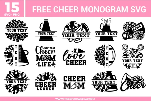Collection of 15 cheerleader monogram free svg files presented as black silhouette vectors on a clean white background. The designs feature customizable split name frames, megaphones with bows, textured pom-poms, and typography layouts like "Cheer Mom Life" and "Love Cheer" designed with clear center spaces for personalized text.