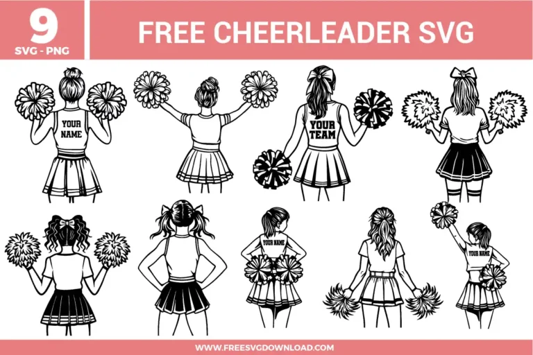 Free Cheerleader SVG files featuring 9 silhouette designs of cheer girls with pom poms, bows, and customizable jersey backs for Cricut and Silhouette crafts.