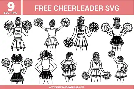 Collection of 9 cheerleader free svg files showcasing black and white line art illustrations of cheerleaders from a back view perspective. The monochrome vector outlines feature various hairstyles like high buns, ponytails, and pigtails with hair bows, holding textured pom-poms with custom text placeholders for personalized team names.