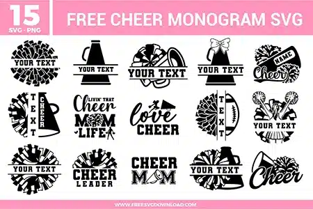 Collection of 15 cheerleader monogram free svg files presented as black silhouette vectors on a clean white background. The designs feature customizable split name frames, megaphones with bows, textured pom-poms, and typography layouts like "Cheer Mom Life" and "Love Cheer" designed with clear center spaces for personalized text.