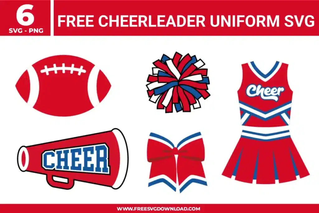 Collection of 6 cheerleader uniform free svg files featuring a classic red football, a layered red, white, and blue pom-pom, a matching cheerleading dress, a megphone with "CHEER" text, and a striped hair bow. The sport-themed designs use clean vector lines and solid color blocks, making them perfect for game day spirit wear and Cricut cutting projects.