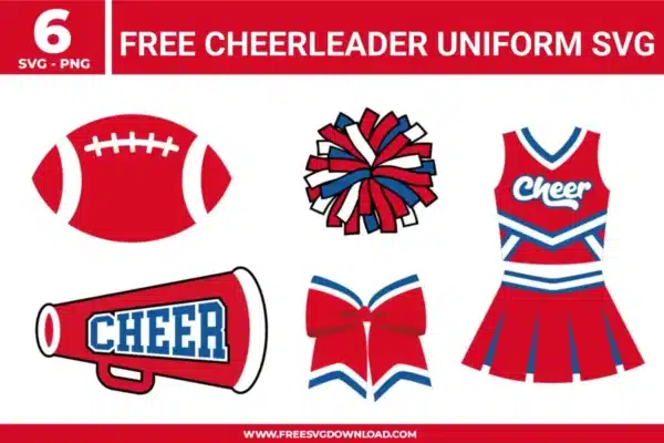 Collection of 6 cheerleader uniform free svg files featuring a classic red football, a layered red, white, and blue pom-pom, a matching cheerleading dress, a megphone with "CHEER" text, and a striped hair bow. The sport-themed designs use clean vector lines and solid color blocks, making them perfect for game day spirit wear and Cricut cutting projects.