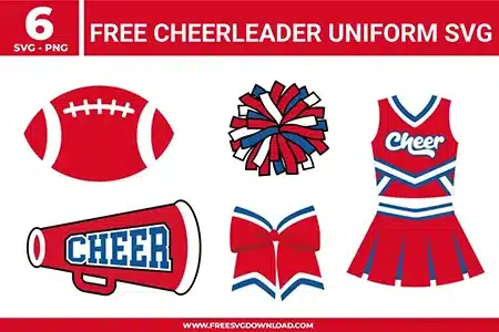 Collection of 6 cheerleader uniform free svg files featuring a classic red football, a layered red, white, and blue pom-pom, a matching cheerleading dress, a megphone with "CHEER" text, and a striped hair bow. The sport-themed designs use clean vector lines and solid color blocks, making them perfect for game day spirit wear and Cricut cutting projects.