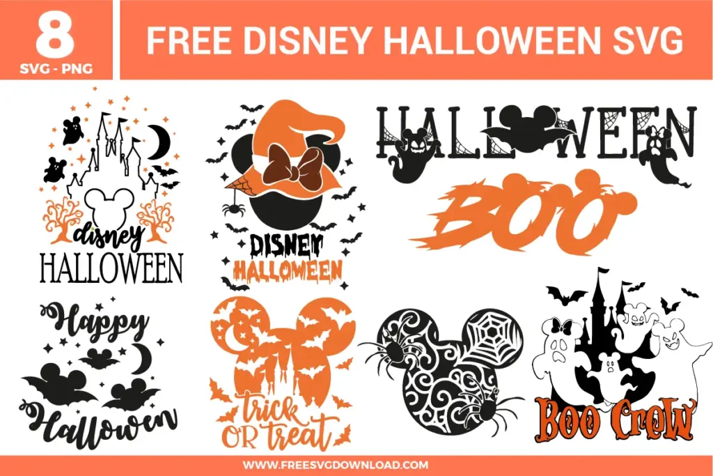 Free Disney Halloween SVG designs showing Mickey themed silhouettes, spooky Halloween typography, bats, ghosts, pumpkins, and phrases like Boo and Trick or Treat