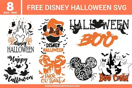 Free Disney Halloween SVG designs showing Mickey themed silhouettes, spooky Halloween typography, bats, ghosts, pumpkins, and phrases like Boo and Trick or Treat
