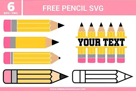 A collection of 6 free svg files featuring classic yellow pencils with pink erasers and black lead tips. This set includes solid yellow designs, black and white outlines, and a personalized name frame pencil perfect for back-to-school teacher gifts and classroom decor.