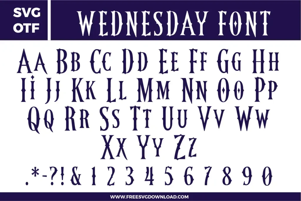 A gothic and spooky Wednesday Font free svg files set. The design features tall, narrow characters with sharp, pointed serifs and diamond-shaped accents in the center of letters like O and D. This OTF and SVG font bundle includes uppercase and lowercase letters, numbers 0-9, and symbols in a dark, macabre style perfect for mysterious themed crafts.