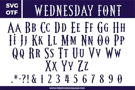 A gothic and spooky Wednesday Font free svg files set. The design features tall, narrow characters with sharp, pointed serifs and diamond-shaped accents in the center of letters like O and D. This OTF and SVG font bundle includes uppercase and lowercase letters, numbers 0-9, and symbols in a dark, macabre style perfect for mysterious themed crafts.