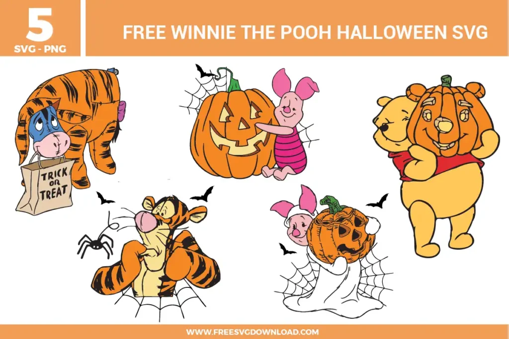 Free Winnie the Pooh Halloween SVG designs showing Pooh Piglet and Tigger characters in pumpkin themed scenes with spider webs, trick or treat elements, and cute Halloween costume details