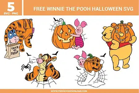 Free Winnie the Pooh Halloween SVG designs showing Pooh Piglet and Tigger characters in pumpkin themed scenes with spider webs, trick or treat elements, and cute Halloween costume details