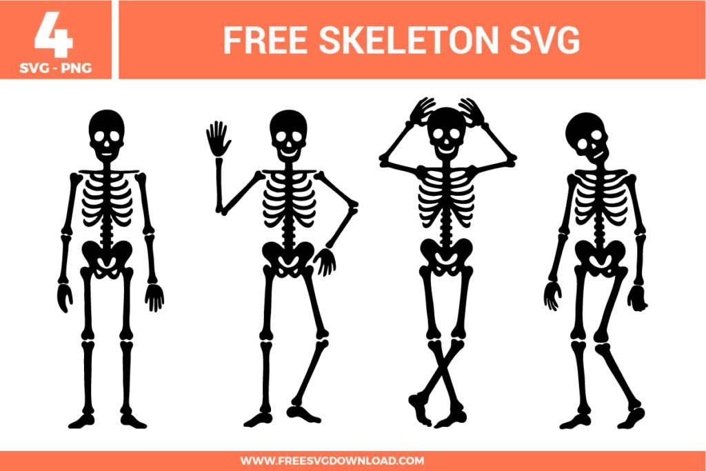 4 free svg files featuring minimalist black skeleton silhouettes in various poses including waving and standing, designed with clean lines for spooky Halloween vinyl projects and Cricut crafts.