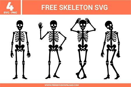 4 free svg files featuring minimalist black skeleton silhouettes in various poses including waving and standing, designed with clean lines for spooky Halloween vinyl projects and Cricut crafts.