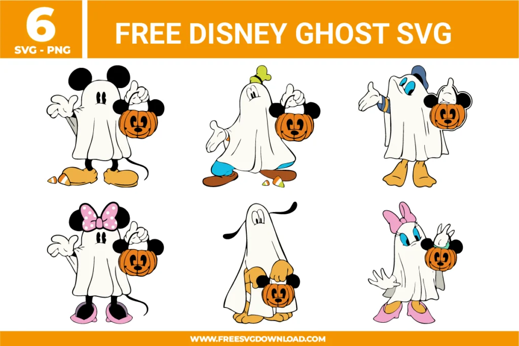 Free Disney Ghost SVG designs showing Mickey Minnie Donald Goofy Daisy and Pluto dressed as Halloween ghosts holding pumpkin trick or treat buckets
