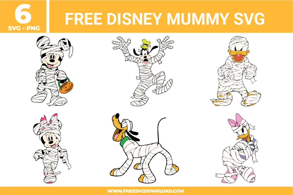 Free Disney Mummy SVG designs showing Mickey Minnie Donald Goofy Daisy and Pluto wrapped as Halloween mummies with playful poses for Disney themed Halloween crafting projects