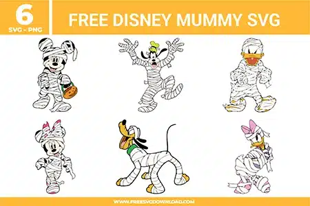 Free Disney Mummy SVG designs showing Mickey Minnie Donald Goofy Daisy and Pluto wrapped as Halloween mummies with playful poses for Disney themed Halloween crafting projects