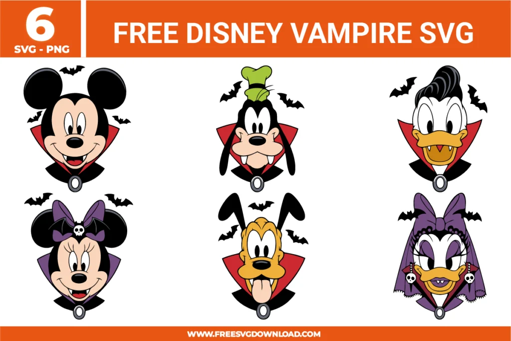 Free Disney Vampire SVG designs showing Mickey Minnie Donald Goofy Daisy and Pluto dressed as Halloween vampires with capes fangs and bat details